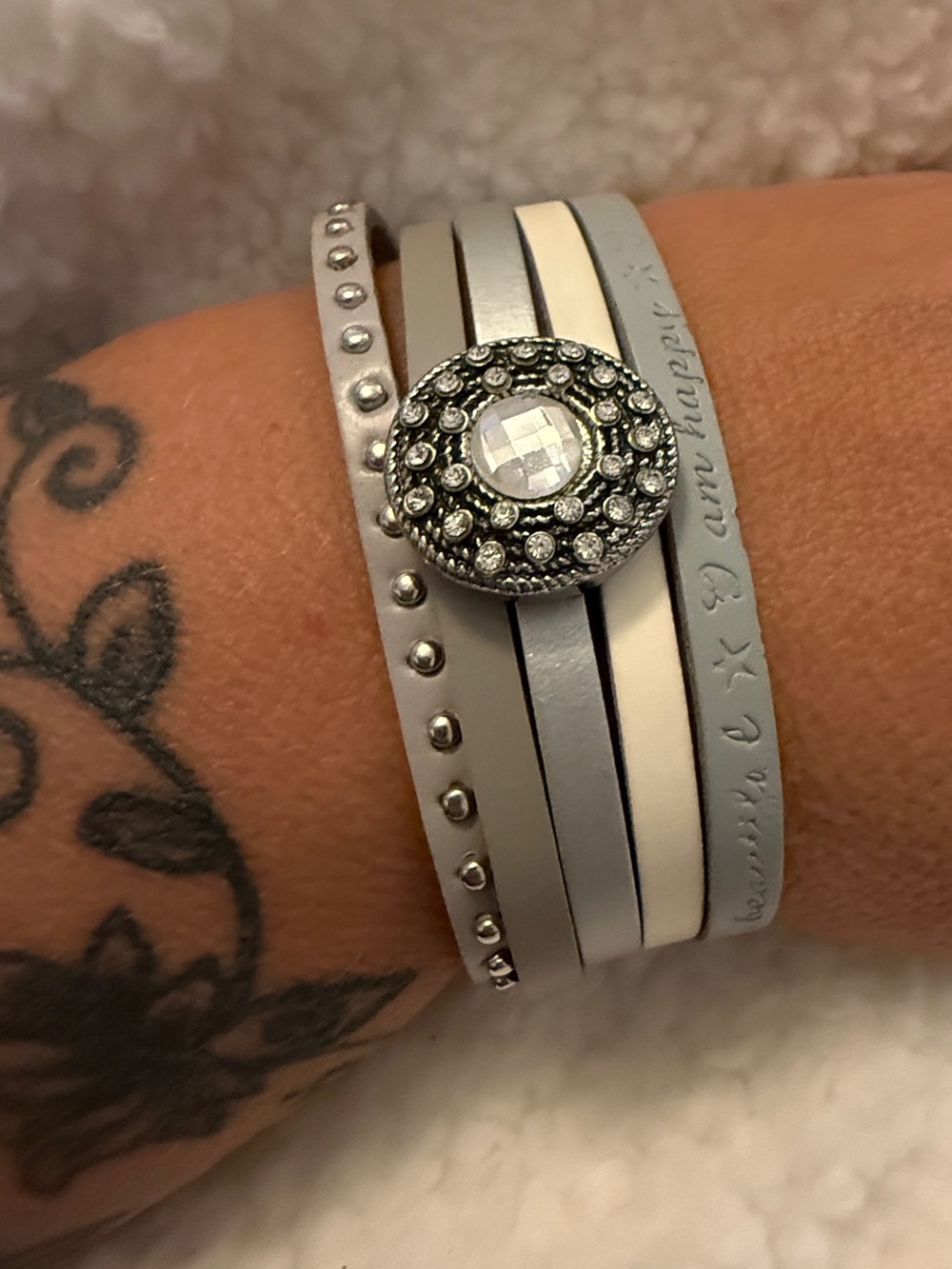 Leather Wrap Bracelet with Crystal Snap Button - Silver White
